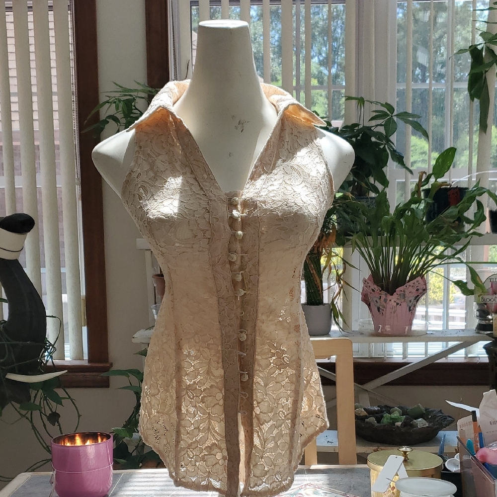 Cream Button Down Shirt with Satin Finish and V-neckline